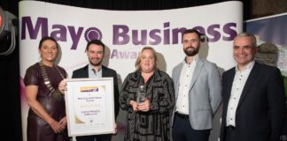 Pictured L - R Mary Moyles President of Ballina Chamber, Kenneth Lavelle MD. JMBL, Aoife Gavin Marketing Manager JMBL, Sean Tobin .IE, Dara Calleary TD, Minister of State at the Department of Enterprise, Trade and Employment, attending cabinet.