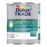 Dulux uniprimer paint product in grey Dulux Trade tin with green and white label
