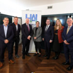 L to R - Myles Conlon, Country Manager, Access Plastics Ltd; Denis O'Connell, Clane Providers; Paul Candon, HAI President; Tara Brennan, Marketing & Development Director, Chadwicks Group; James Lawless TD, Minister for Further and Higher Education, Research, Innovation and Science of Ireland; with Rachel O’Connor, Managing Director at General Paints and Martin Markey, HAI CEO.