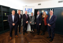 L to R - Myles Conlon, Country Manager, Access Plastics Ltd; Denis O'Connell, Clane Providers; Paul Candon, HAI President; Tara Brennan, Marketing & Development Director, Chadwicks Group; James Lawless TD, Minister for Further and Higher Education, Research, Innovation and Science of Ireland; with Rachel O’Connor, Managing Director at General Paints and Martin Markey, HAI CEO.