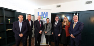 L to R - Myles Conlon, Country Manager, Access Plastics Ltd; Denis O'Connell, Clane Providers; Paul Candon, HAI President; Tara Brennan, Marketing & Development Director, Chadwicks Group; James Lawless TD, Minister for Further and Higher Education, Research, Innovation and Science of Ireland; with Rachel O’Connor, Managing Director at General Paints and Martin Markey, HAI CEO.