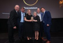 Patrick Atkinson, Chief Executive Officer of Chadwicks Group, the Chadwicks Roscommon team, winners of Chadwicks Branch of the Year, and Mark O’Reilly from Gyproc, sponsors of this year’s award.