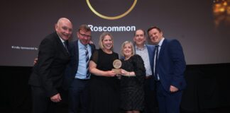 Patrick Atkinson, Chief Executive Officer of Chadwicks Group, the Chadwicks Roscommon team, winners of Chadwicks Branch of the Year, and Mark O’Reilly from Gyproc, sponsors of this year’s award.